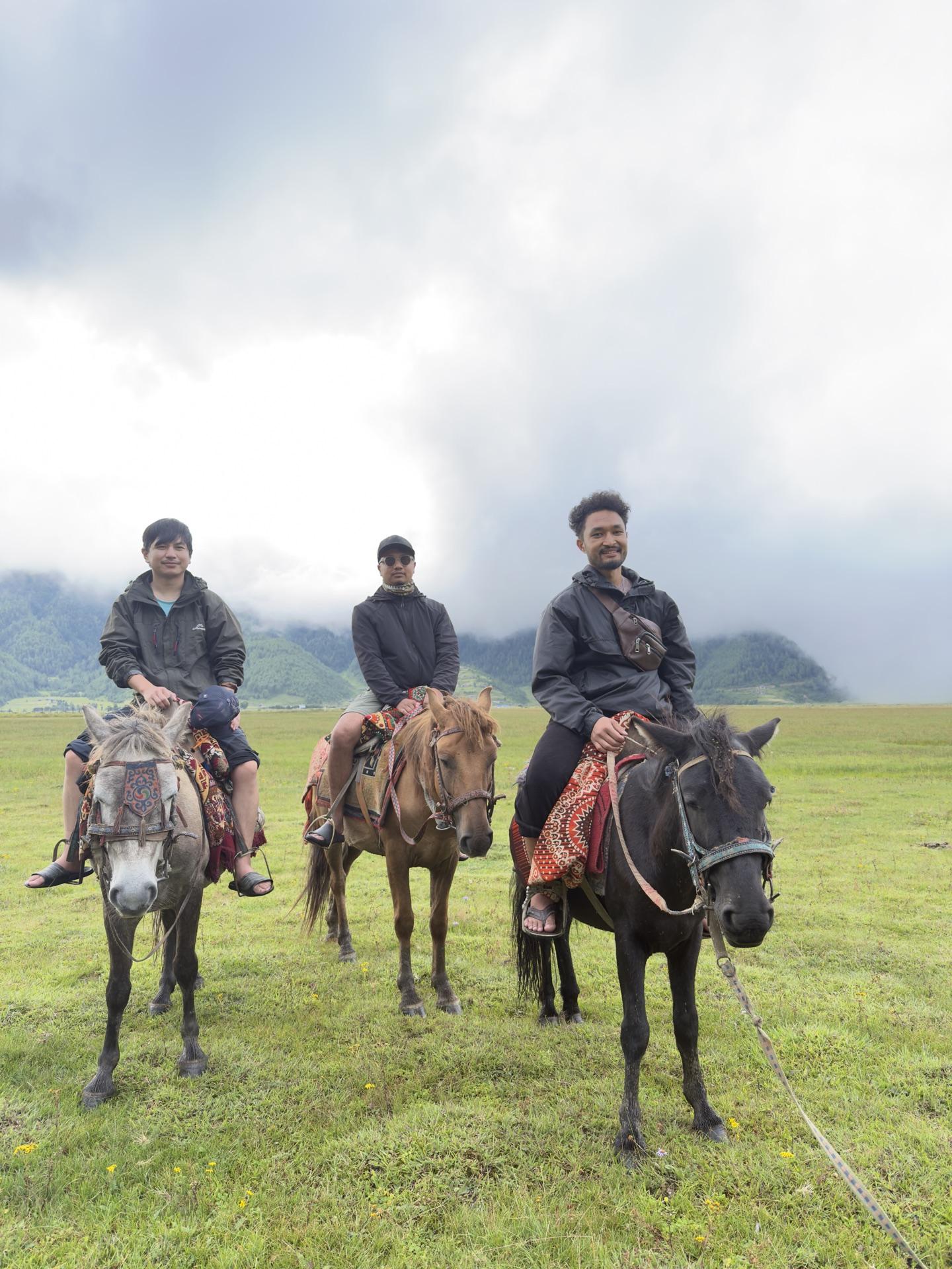 Three friends on horseback lined up in the open meadow under a bright cloudy sky