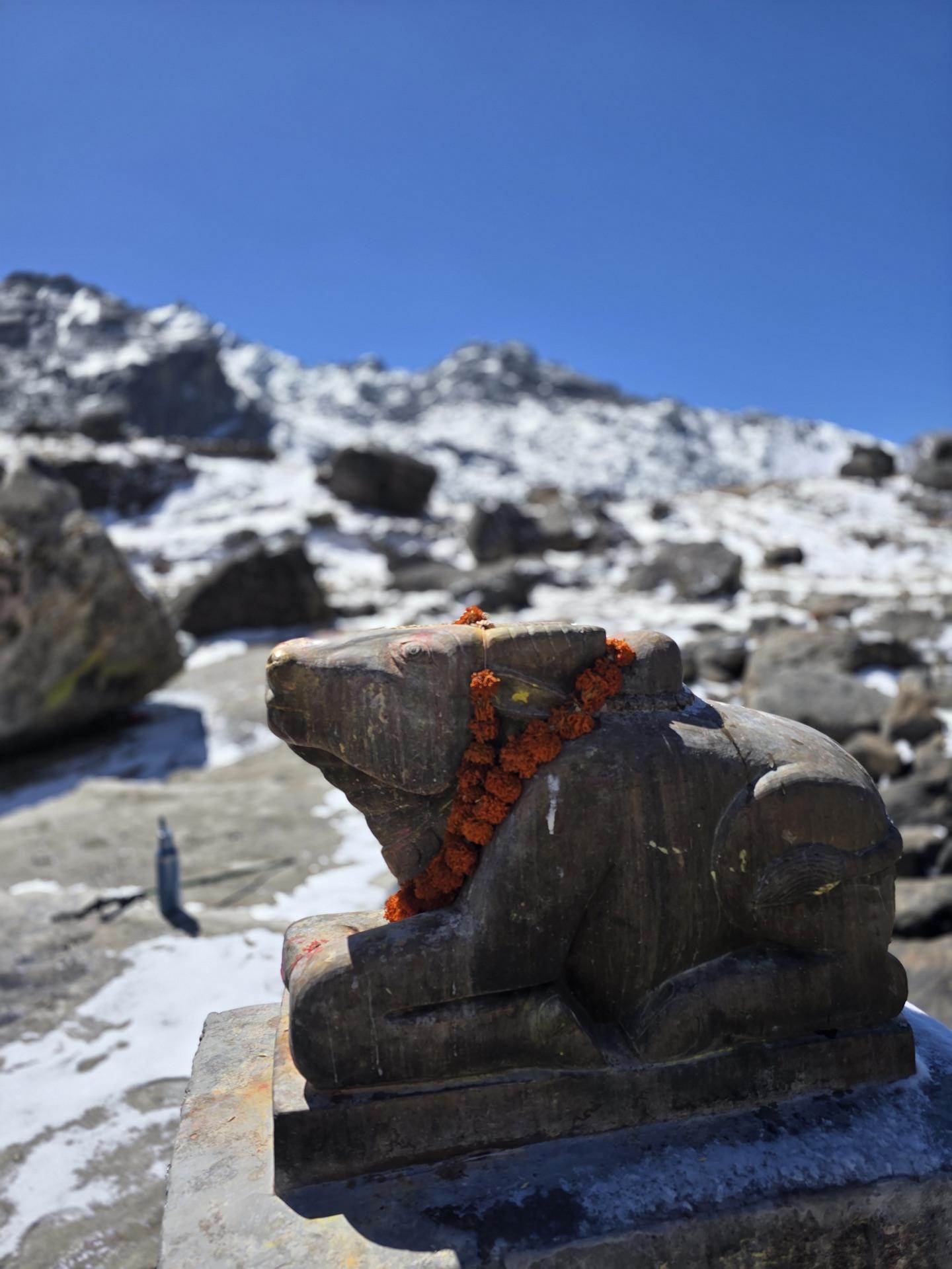 A stone Nandi at the lake with marigolds on its back