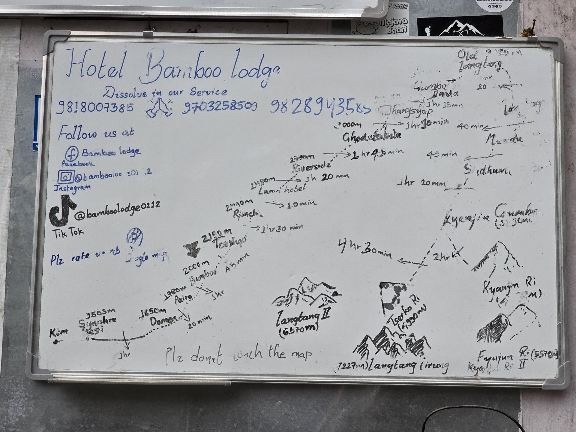 The lodge whiteboard with the whole valley route hand-drawn in marker
