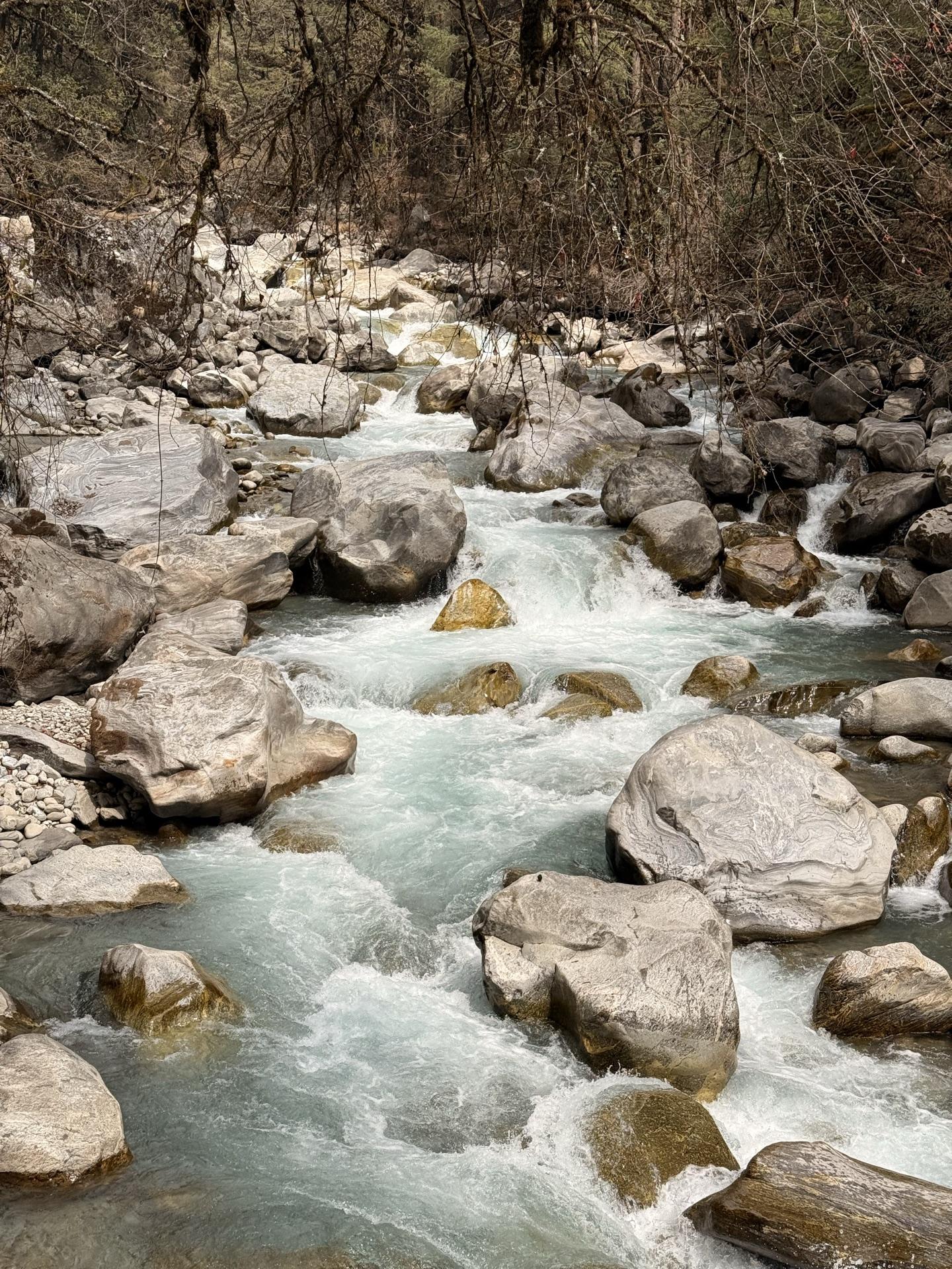 The river running glacier-turquoise between pale boulders