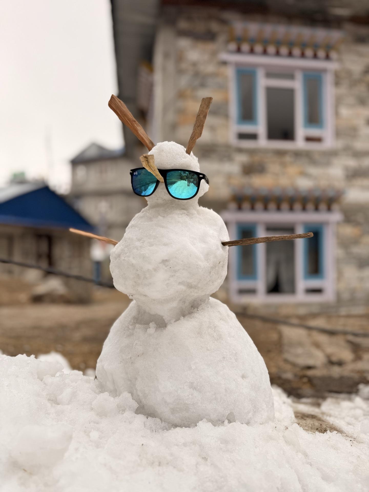 A small snowman wearing sunglasses and stick arms outside a stone lodge
