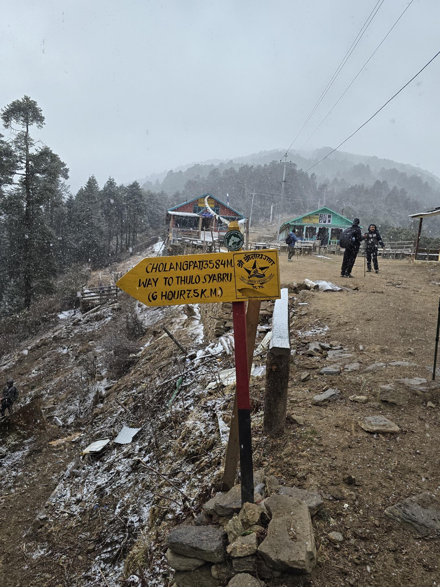 Snow falling on the trail signs and lodges near Cholangpati