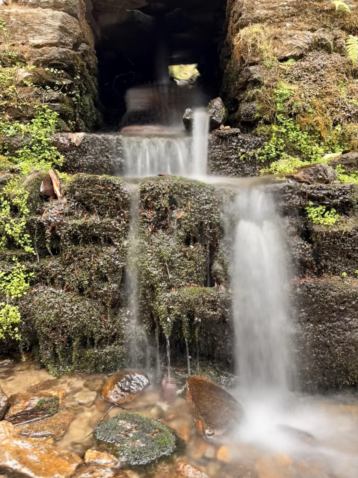 A waterfall spilling over mossy stone spouts beside the trail