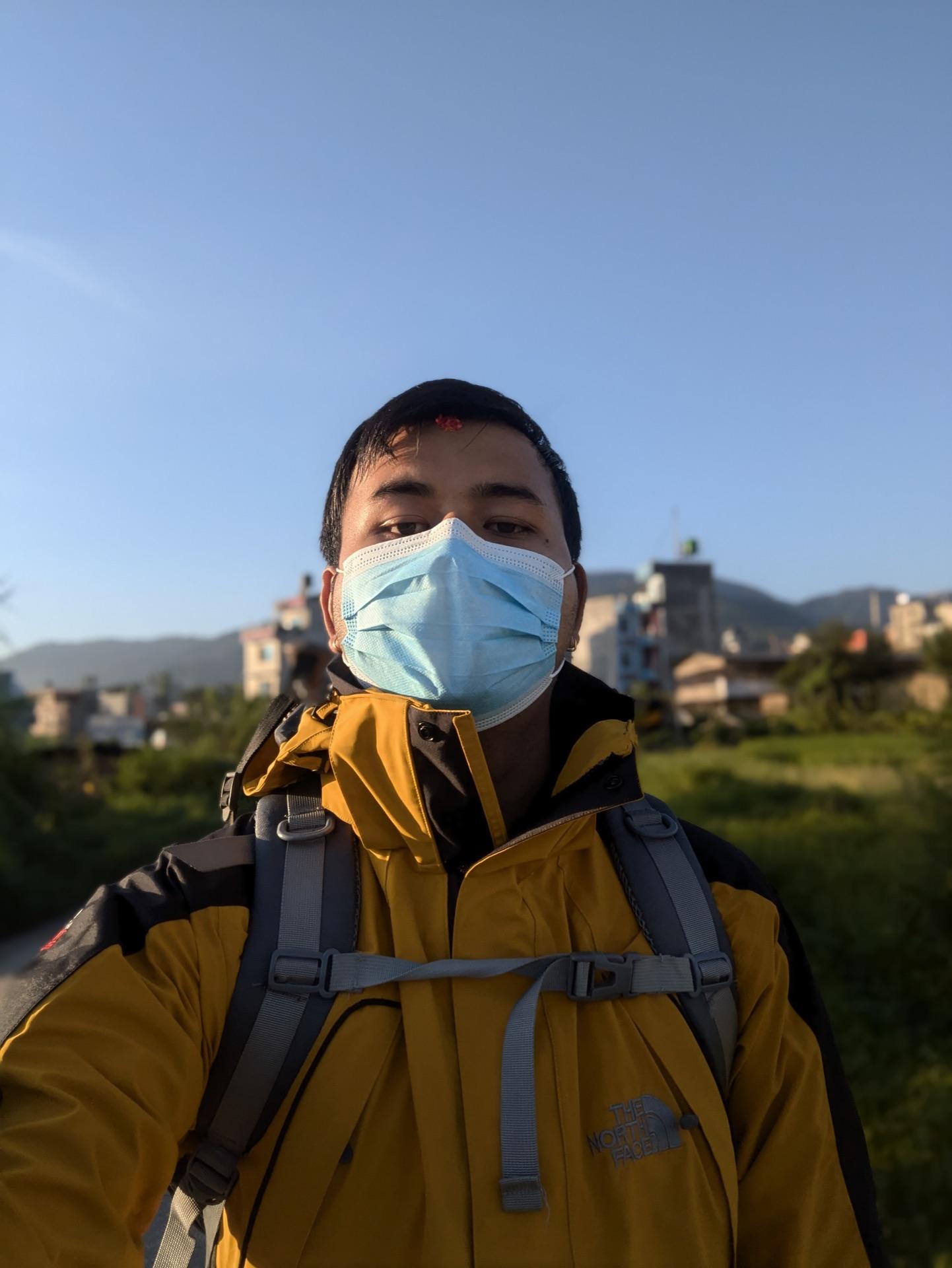Early-morning selfie in a face mask before the ride out