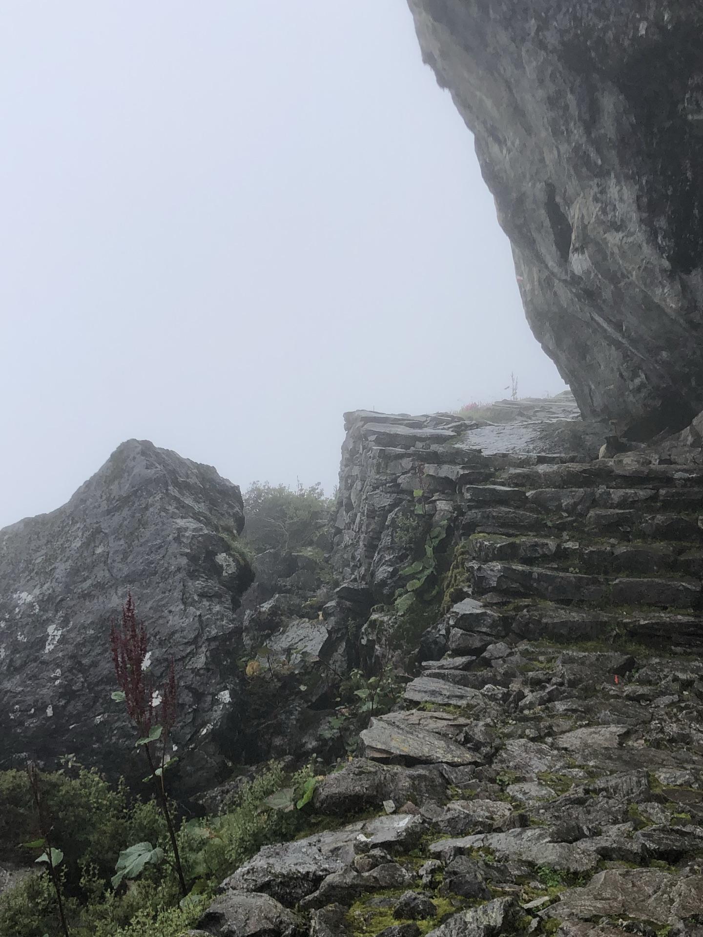 Steep stone steps rising into thick fog between rock walls